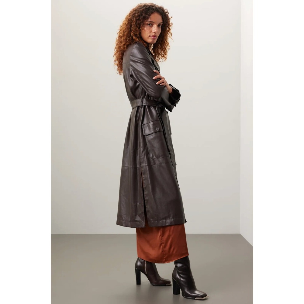 Osman Yousefzada Faux Leather Trench Coat Long Belted Brown‎ Vegan Sz 10 - Picture 3 of 16